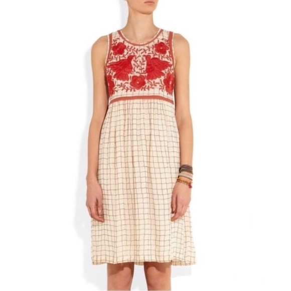 Anthropologie Vineet Bahl Stitched Avani Embroidered Detail Dress Cream Red SP - Picture 4 of 16